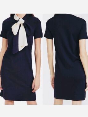 NWT - Tory Burch Short Sleeve Bow Sweater Dress - XL Navy Blue Ivory Wool